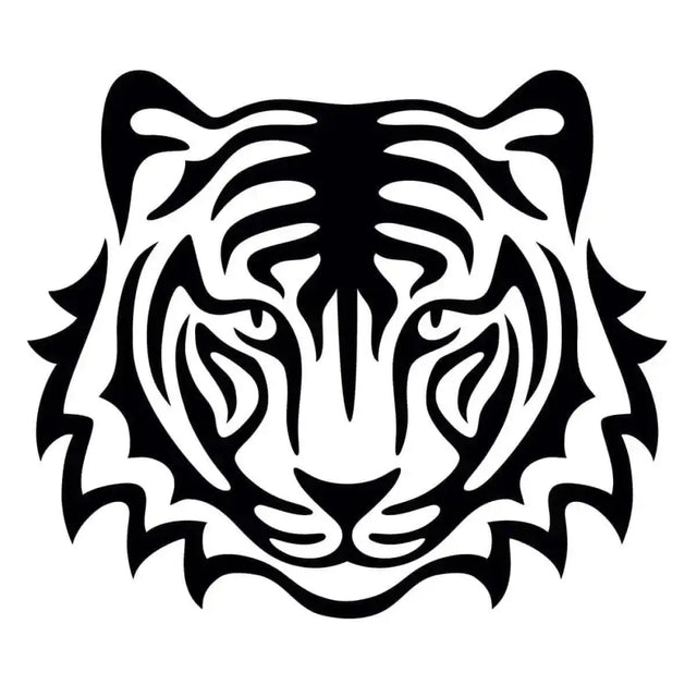 Stylized black tiger head decal with bold tribal lines on white background from glamourati horse stencils tiger collection