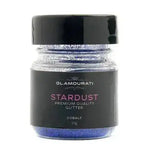 A clear jar of cobalt glamourati stardust glitter premium cosmetic grade for showing and plaiting with black lid and label