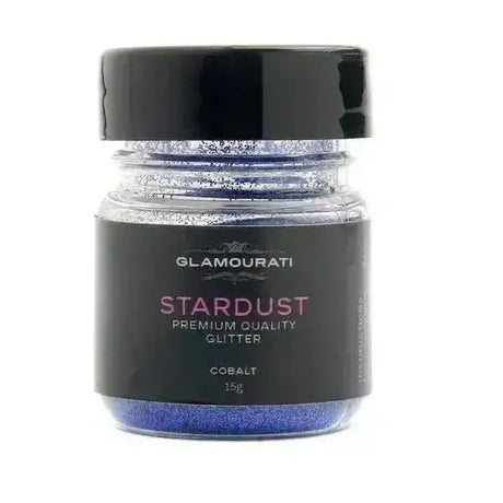 A clear jar of cobalt glamourati stardust glitter premium cosmetic grade for showing and plaiting with black lid and label