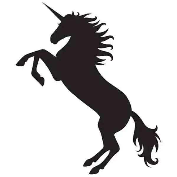 Black silhouette of a rearing glamourati unicorn horse stencil with flowing mane and tail for showing and plaiting designs