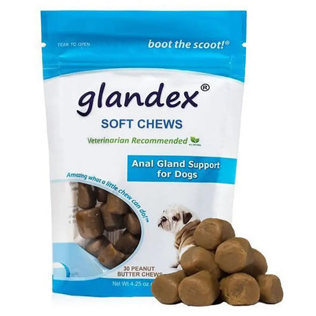 A blue and white bag of glandex soft chews with bulldog image showing 30 peanut butter chews and unique fibre blend