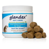 White plastic container of glandex soft chews with blue label and 60 brown peanut butter chews featuring unique fibre blend for natural emptying