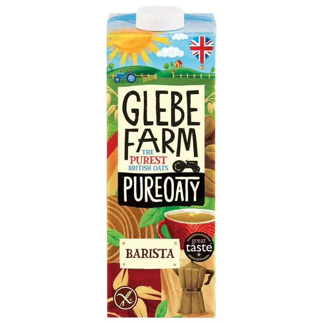Glebe farm oaty barista oat milk carton with colorful farm design white cap made from gluten free oats