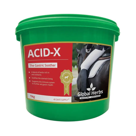 Green plastic bucket of global herbs acid-x premium gastric soothing formula 1kg gastric soother for horses