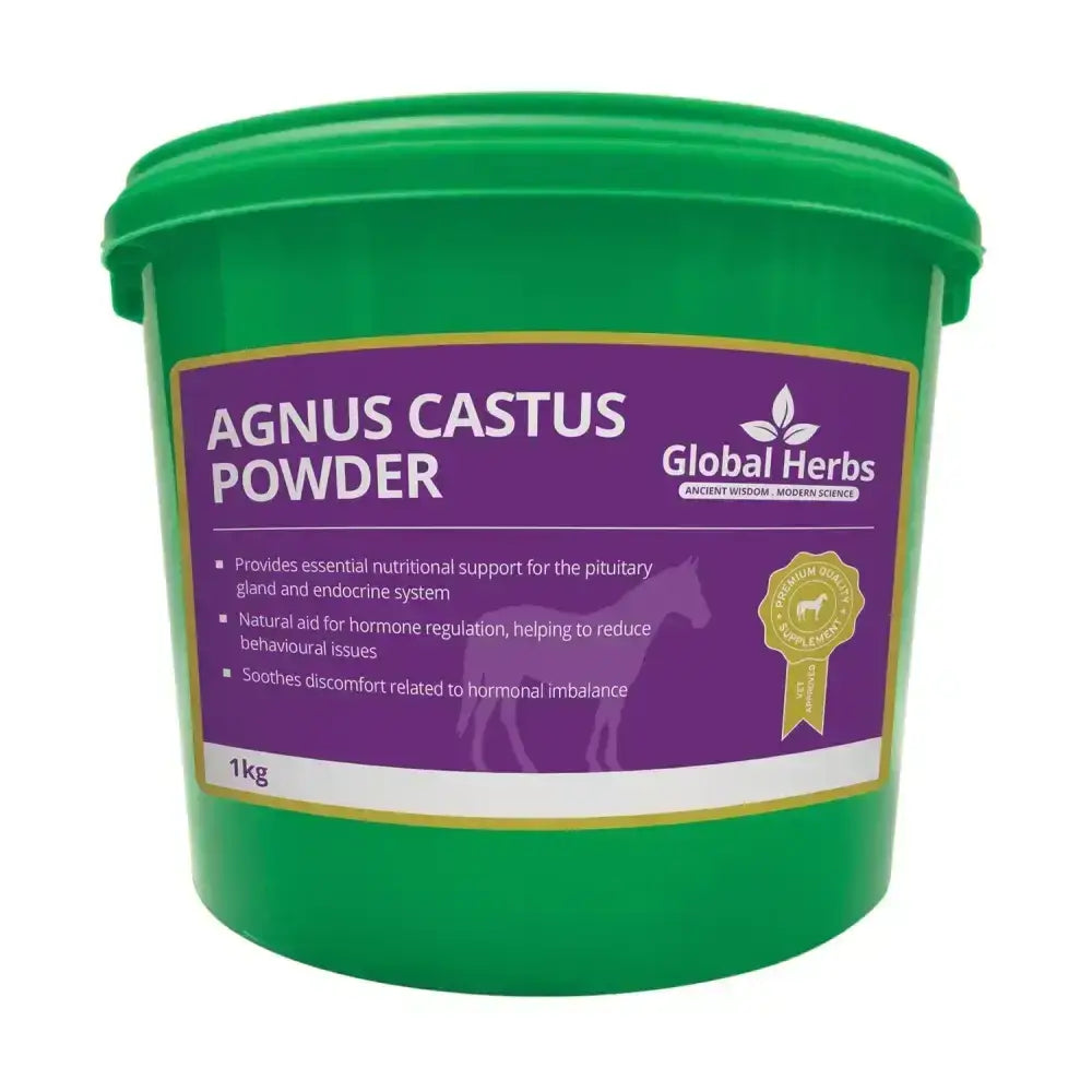 Green plastic container of global herbs agnus castus powder 1kg with herbs agnus castus for natural wellness