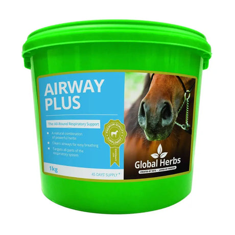 Bright green plastic bucket of global herbs airway plus 1kg horse respirative supplement with malabar nut