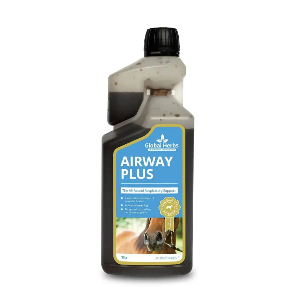 A 1 liter global herbs airway plus liquid bottle with dark supplement and blue label for chests clear breathing support