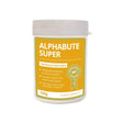 A white plastic container with an orange and green label for global herbs alphabute super horse supplement