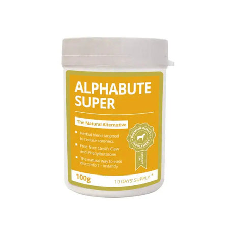 A white plastic container with an orange and green label for global herbs alphabute super horse supplement