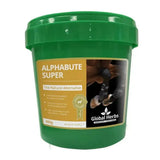 Green plastic tub of global herbs alphabute super horse herbal supplement for boosting horse health and performance