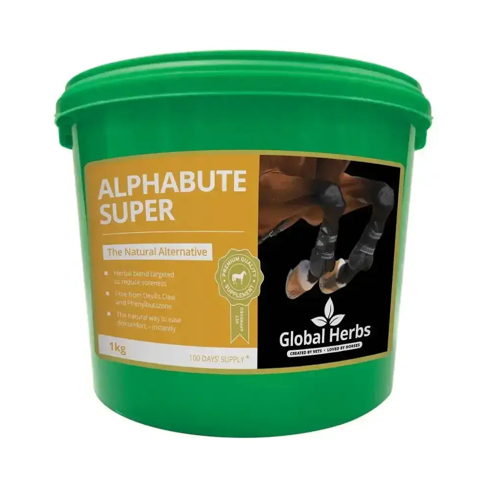 Green plastic bucket labeled alphabute super by global herbs with yellow black label for super horse supplement