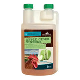 A 1 liter clear plastic bottle of global herbs apple cider vinegar with a green cap for chickens featuring a rooster label