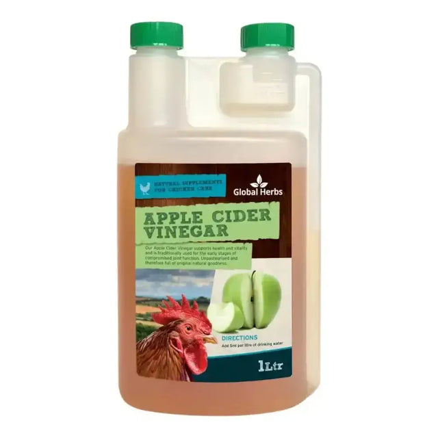 A 1 liter clear plastic bottle of global herbs apple cider vinegar with a green cap for chickens featuring a rooster label