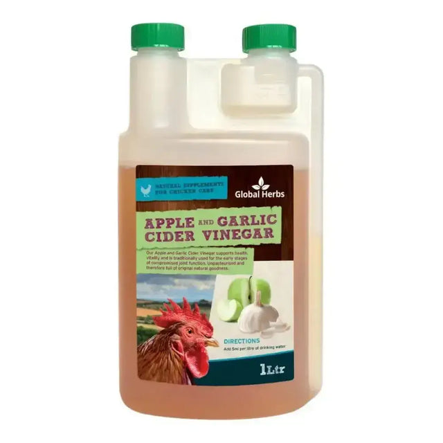 A 1-liter global herbs apple garlic cider vinegar bottle with a green cap and amber liquid for chickens