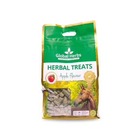 Green and gold packaged bag of global herbs herbal apple flavour herbs herbal treats for horses healthy option