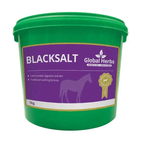 Green plastic bucket with purple label featuring a horse silhouette and global herbs blacksalt great digestive tonic