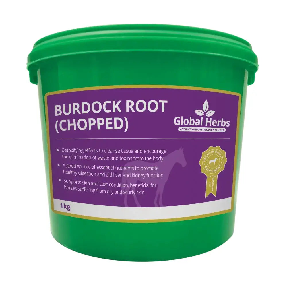 Green plastic bucket of chopped burdock root supplement by global herbs burdock known as a gentle diuretic