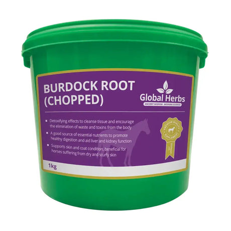 Green plastic bucket of chopped burdock root supplement by global herbs burdock known as a gentle diuretic