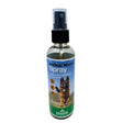 Clear glass bottle with black spray nozzle labeled antibac wound spray by global herbs for canine antibac wound care