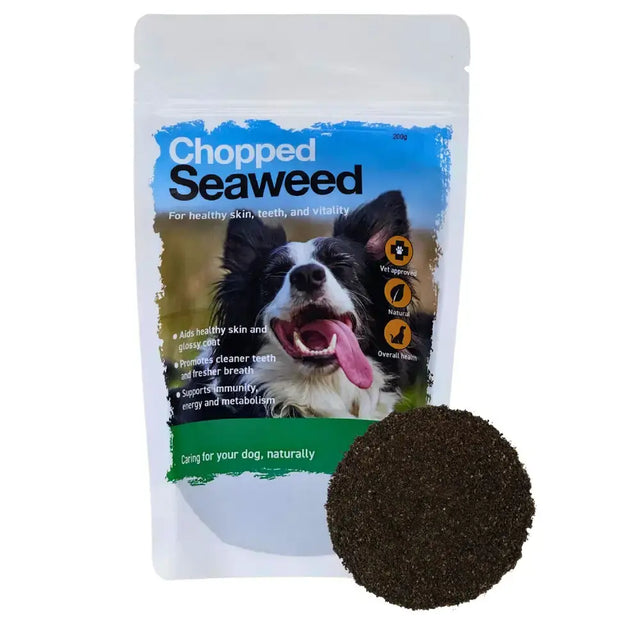 A 200g pouch of global herbs canine chopped seaweed supplement with a blue green label and a smiling border collie