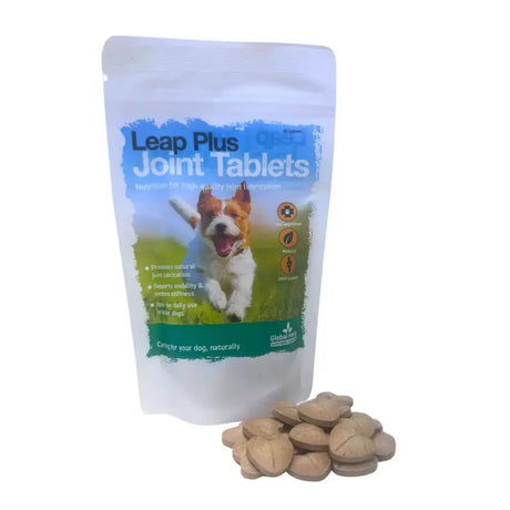A white resealable pouch of global herbs canine leap plus joint tablets with a blue green label and heart-shaped beige tablets