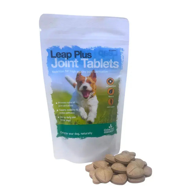 A white resealable pouch of global herbs canine leap plus joint tablets with a blue green label and heart-shaped beige tablets