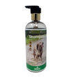 Clear plastic bottle with black and gold pump of global herbs canine luscious coat luscious coat shampoo
