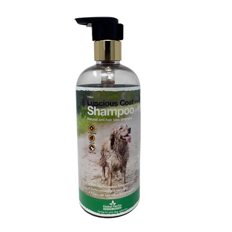 Clear plastic bottle with black and gold pump of global herbs canine luscious coat luscious coat shampoo