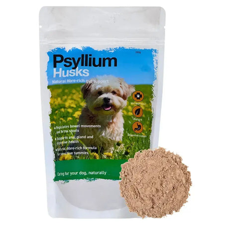 A 200g pouch of global herbs canine psyllium husks with light brown fiber powder for natural gut support in dogs