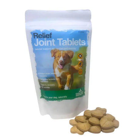 A white resealable pouch of global herbs herbs canine relief tablets with blue and green label and heart-shaped relief tablets