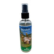 Clear plastic spray bottle with black nozzle labeled anti itch spray for herbs canine skratch by global herbs canine