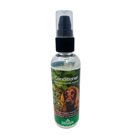 Clear plastic spray bottle with black pump labeled the coat conditioner by global herbs canine for pet care use