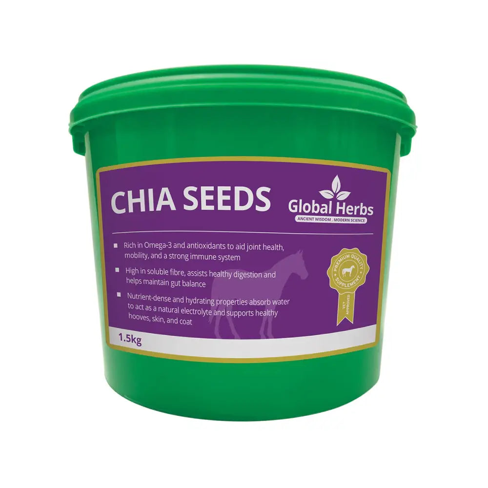 Green plastic bucket of global herbs chia seeds 1.5kg with purple label and gold accents for healthy snacking