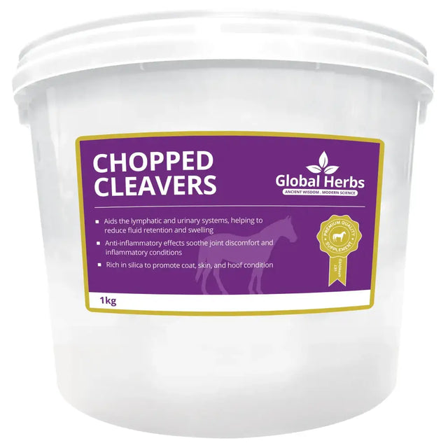 A white plastic bucket of global herbs chopped chopped cleavers with a purple and gold label for horses benefits