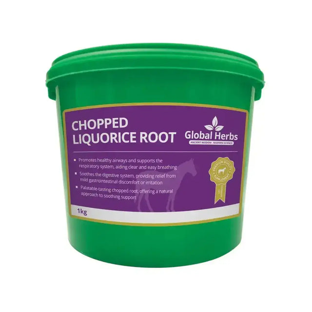 Green plastic tub of global herbs chopped liquorice root 1kg with herbs chopped liquorice for natural use