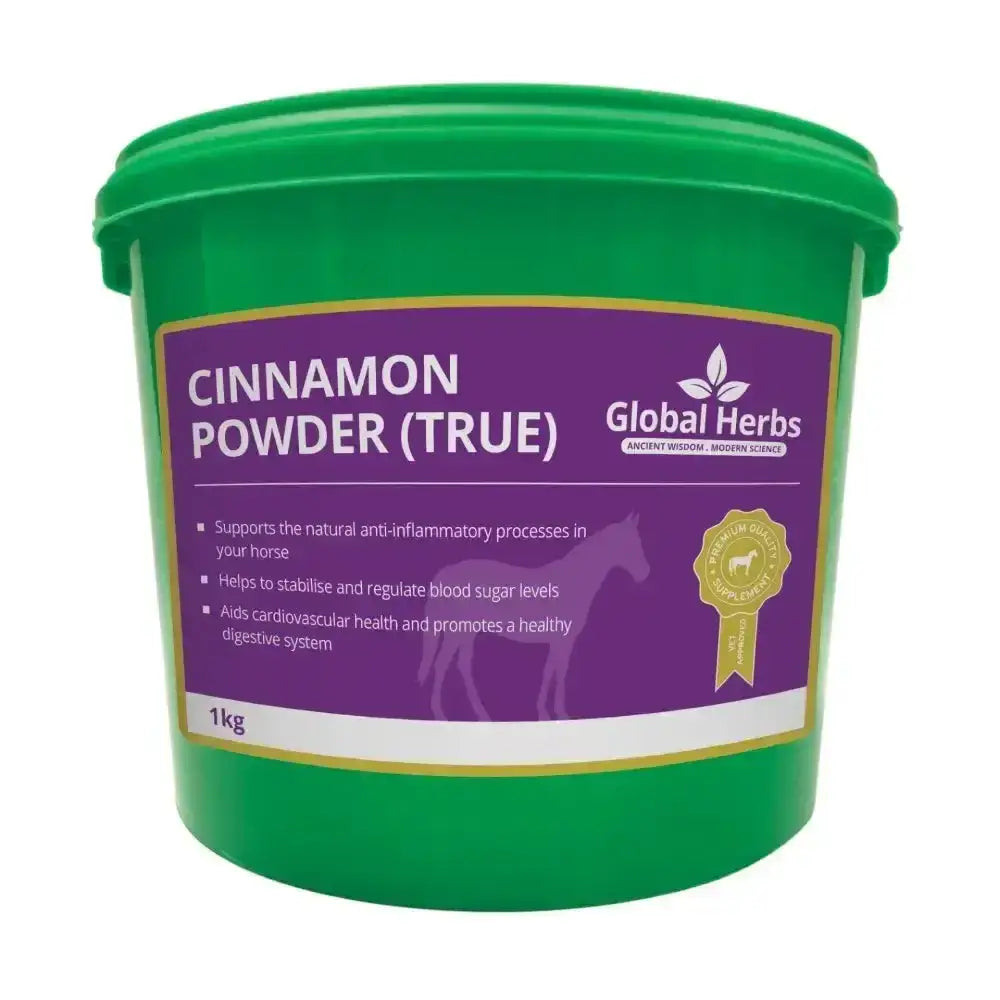 Green plastic container of global herbs cinnamon herbs cinnamon powder 1kg with purple label helps support blood sugar levels