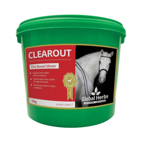 Green plastic bucket labeled clearout the bowel mover by global herbs with a red and black label featuring a white horse for gut balancers