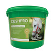 Green plastic bucket of global herbs cushpro horse supplement with cushpro’s strengthened formula featuring vitex agnus castus