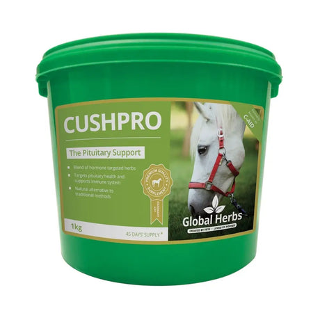 Green plastic bucket of global herbs cushpro horse supplement with cushpro’s strengthened formula featuring vitex agnus castus