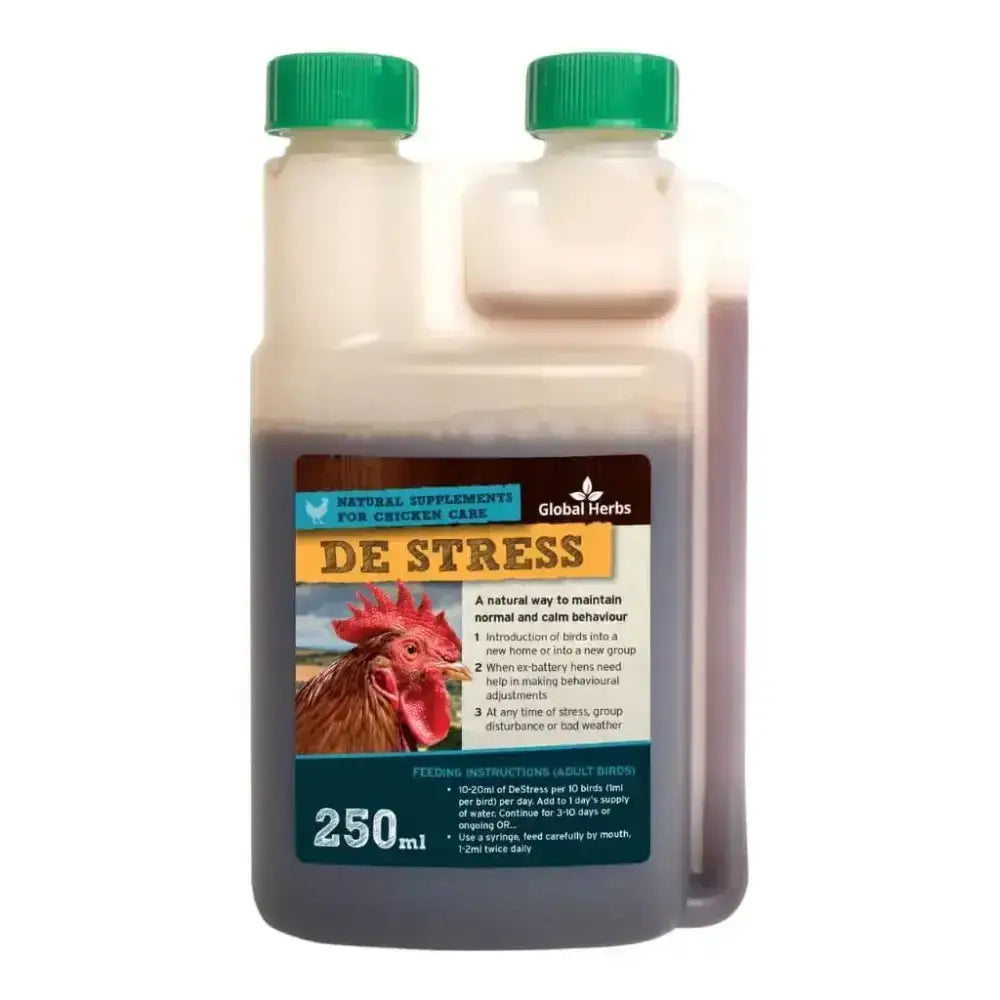 A 250ml clear plastic bottle of global herbs destress with green caps containing dark liquid herbs destress for calm behaviour