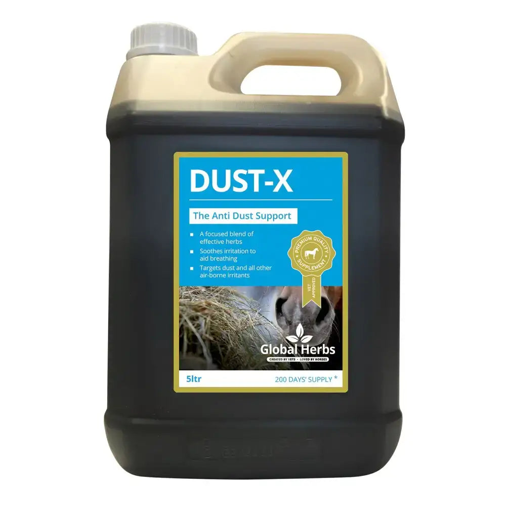 Black plastic jug with beige handle and cap labeled dust-x the anti dust support by global herbs for equestrian horses