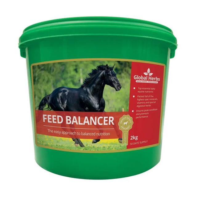 Green plastic bucket of global herbs feed balancer with black horse image providing powerful digestive support