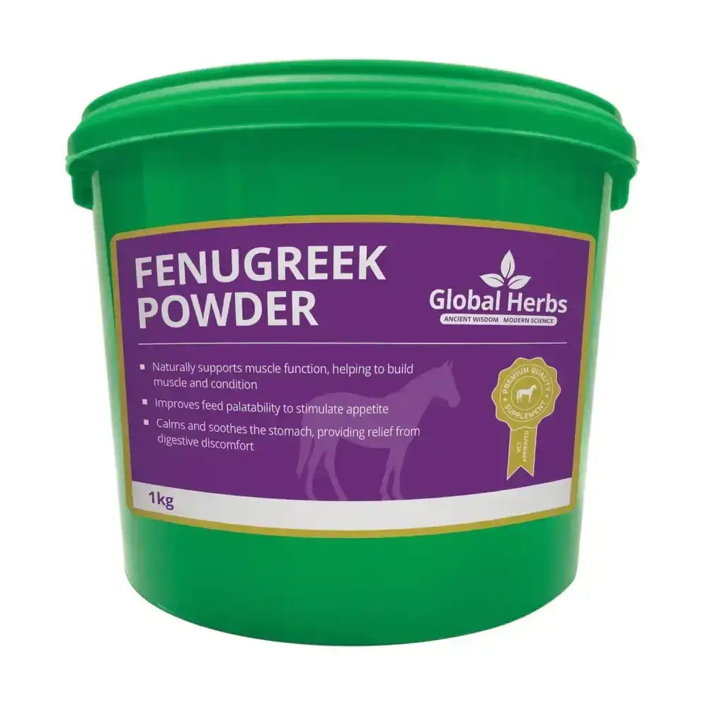 Green plastic bucket of global herbs fenugreek powder 1kg containing herbs fenugreek powder for cooking and health