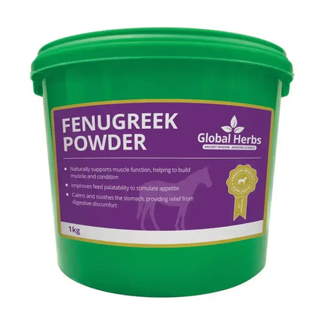 Green plastic bucket of global herbs fenugreek powder 1kg containing herbs fenugreek powder for cooking and health