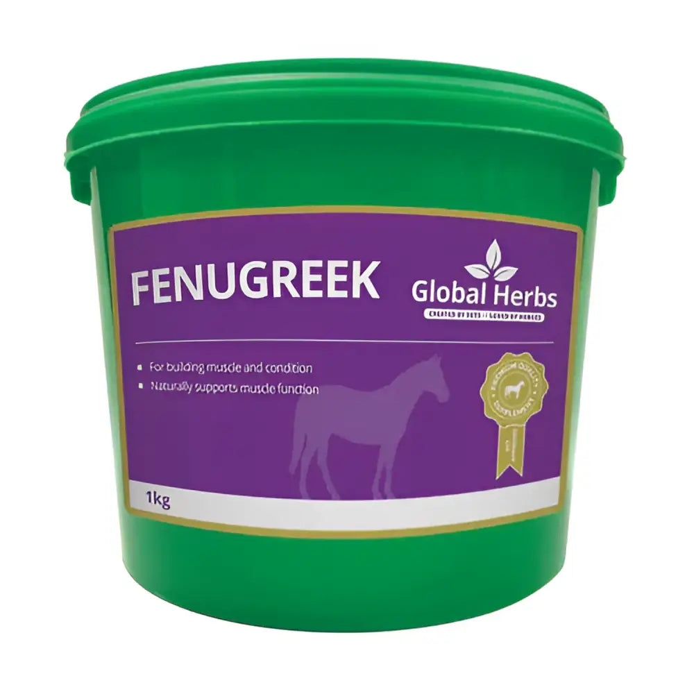 Green plastic bucket of global herbs fenugreek seeds 1kg supplement to help fussy eaters gain for horses