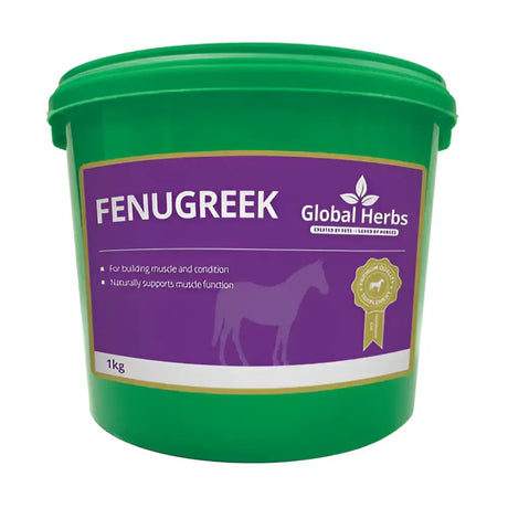 Green plastic bucket of global herbs fenugreek seeds 1kg supplement to help fussy eaters gain for horses