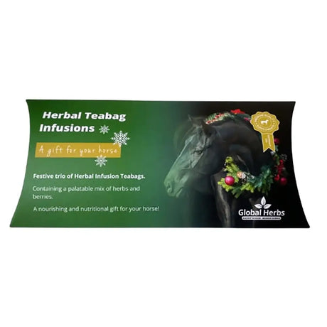 Green rectangular package of global herbs festive herbal tea infusions with black horse and festive wreath for nutritional gift