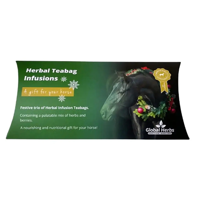 Green rectangular package of global herbs festive herbal tea infusions with black horse and festive wreath for nutritional gift