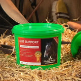Green plastic bucket of global herbs firmup gut support herbal pre and pro biotic for healthy droppings in horses
