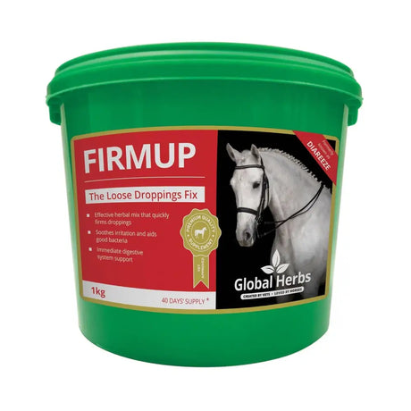 Green plastic bucket of global herbs firmup 1kg herbal supplement helps firm loose droppings for healthy droppings